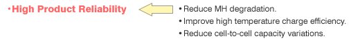 ·High Product Reliability: ·Reduce MH degradation. ·Improve high temperature charge efficiency. ·Reduce cell-to-cell capacity variations.